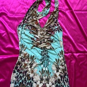VENUS Aqua Floral Halter Maxi Dress with Neutral and Pink Accents